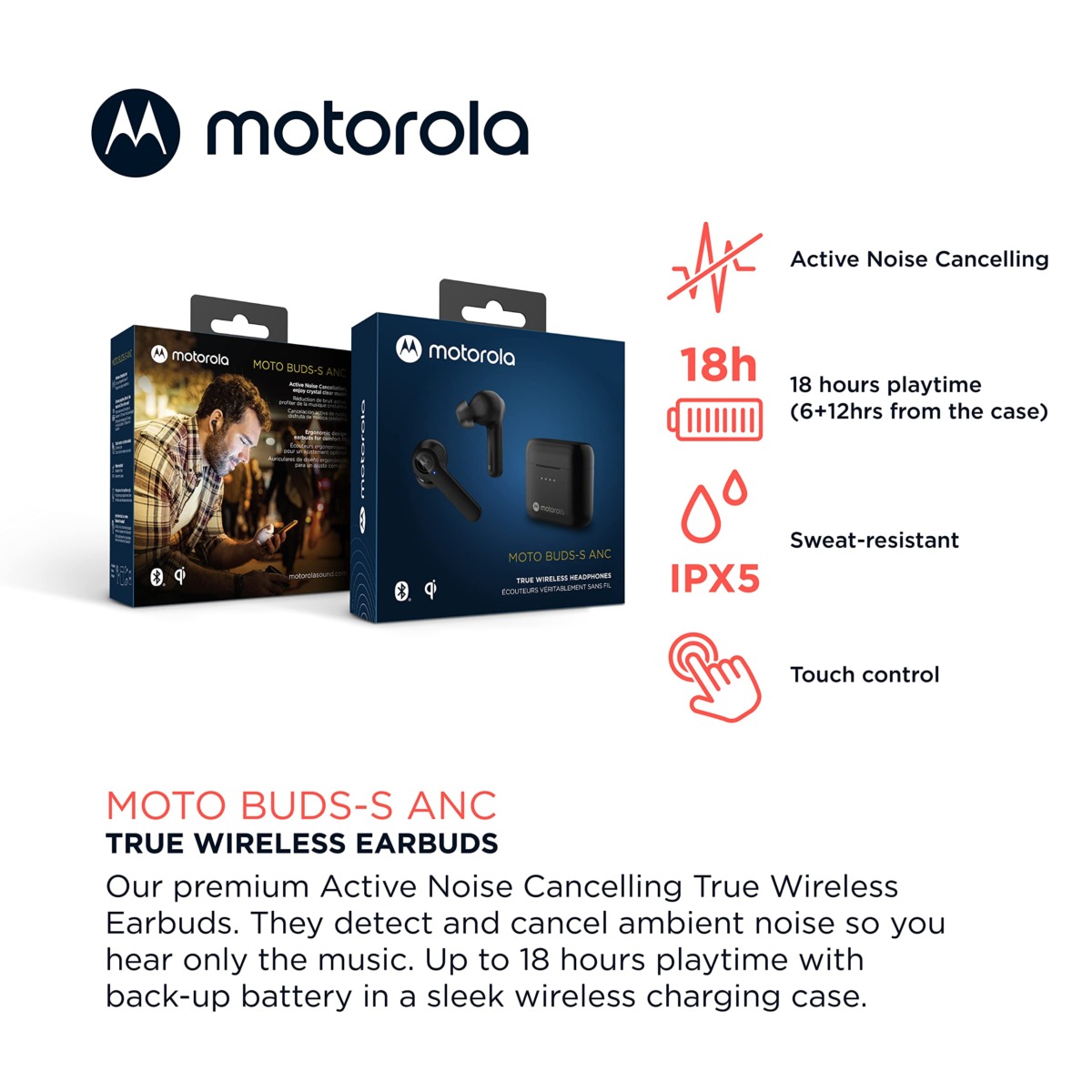 Motorola Moto Buds-S ANC – True Wireless Bluetooth Earbuds with Microphone and Active Noise Cancellation, IPX5 Water Resistant, Touch Control, Comfort Fit, Includes Micro Charging Case, Black | The Storepaperoomates Retail Market - Fast Affordable Shopping