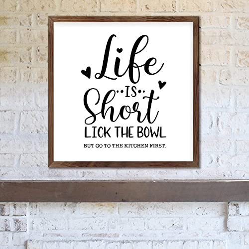 WengBeauty Life is Short Lick The Bowl (4) Sign Inspirational Wall Art Living Room Sign Farmhouse Sign Wood Framed Sign 7×7 Inch
