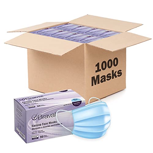 Disposable Face Masks, Bulk Face Masks, (20 Boxes, 50pcs/Box), Adult, 3 Ply, Elastic Ear Loops, Breathable, Metal Nose Clamp, Based In USA (1000)
