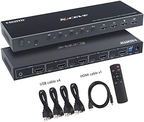 KVM Switch, 4 Computers HDMI KVM Switcher Box Support 4K@60Hz, with USB 2.0 Hub, Audio and ARC Function, Compatible with Windows/Linux/Mac System etc, with Hotkey and Remote Switch Way
