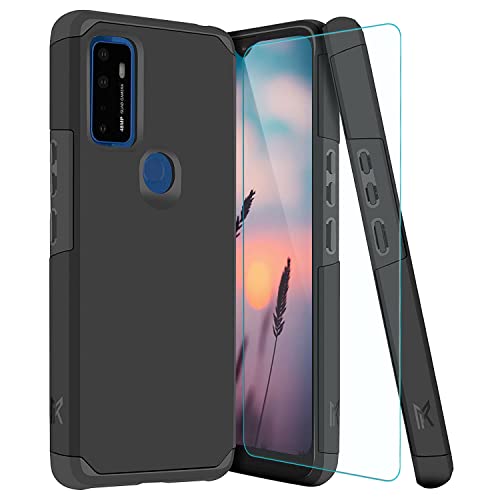 TJS Compatible with AT&T Radiant Max 5G 6.8″/Cricket Dream 5G/Cricket Innovate 5G/AT&T Fusion 5G Case, with Tempered Glass Screen Protector, Dual Layer Hybrid Shockproof Impact Phone Case (Black)