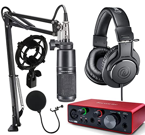 Focusrite Scarlett Solo 2×2 USB Audio Interface with Creative Software and Audio-Technica AT2035 Microphone Pack Includes Adjustable Boom Arm, Shock Mount, & M20x Headphones, LyxPro Pop Filter