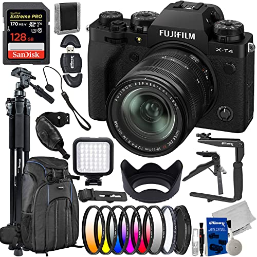 FUJIFILM X-T4 Mirrorless Camera with 18-55mm Lens Deluxe Accessory Bundle: SanDisk 128GB Extreme Pro SDXC, Lightweight 72 inch Tripod, 180° Flash Bracket, Backpack & Much More (Black) (FUXT41855BDB2)
