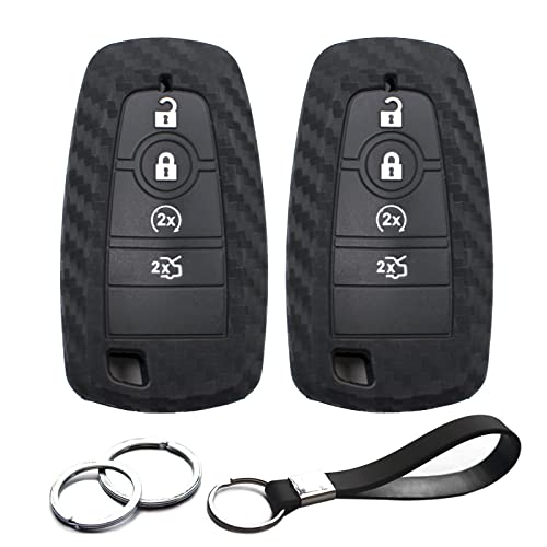 2pcs Compatible with 2022 2021 2020 Ford Edge Escape Expedition Explorer Fusion Mustang Ranger Bronco Maverick 4 Buttons Carbon Fiber Looks Silicone FOB Key Case Cover Protector Keyless Remote Holder