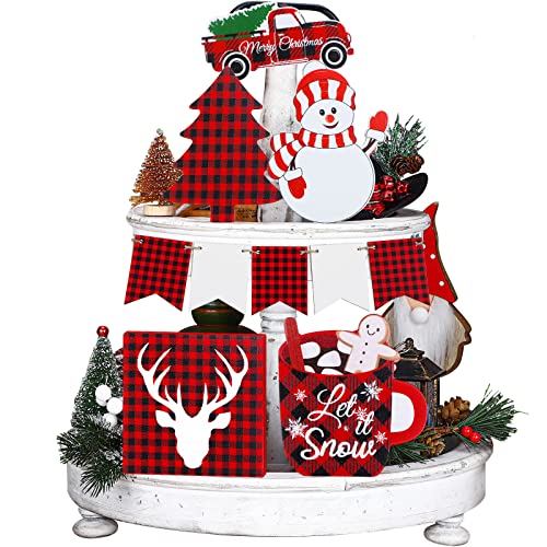 10 Pieces Christmas Tiered Tray Decor Winter Wooden Tabletop Signs Red and Black Buffalo Plaid Theme Decor Hot Cocoa Signs Snowman Xmas Tree Wooden Blocks for Christmas Home Decor (Buffalo Plaid)