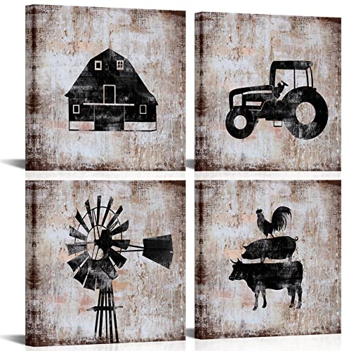 KiteChaser Country Wall Art Decor Cottage Windmill Truck with Farm Animal Cow Pig Farmhouse Landscape Rustic Pictures Canvas Print Framed for Living Room Bedroom Ready to Hang 12″ wx12’h Inches