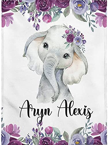 Personalized Baby Blankets for Girls, Customized Baby Blankets, Elephant Baby Blanket Purple Flower, Girl Baby Gifts Fleece, Sherpa