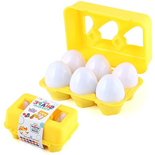 Color Shape Maching Eggs 6 Pcs, Easter Educational Maching Egg Set Toy with Yellow Holder, Early Learning Shapes & Sorting Recognition Puzzle Skills Study for Toddlers Baby Easter Basket Stuffers Gift