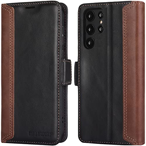 MALEWOLF Compatible with Samsung Galaxy S22 Ultra 5G Wallet Case with Card Holder, Genuine Leather Flip Folio Case RFID Blocking Kickstand Magnetic Phone Cover for Galaxy S22 Ultra (Black)