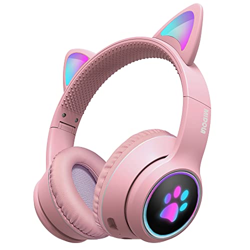Midola Gaming Bluetooth 5.0 Wireless Cat Ear Headphones Over Ear LED Light Foldable Music Headset with AUX 3.5mm (Built-in) Microphone for Adult & Kids Girl Boy Game Pad Laptop Cellphone Pink