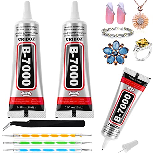 B7000 Glue Clear for Rhinestones, Cridoz Jewelry Glue Crafts Adhesive Fabric Glue with Precision Tips Dotting Stylus and Tweezers for Nail Art, Glasses, Metal and Stone(2pcs 0.9 fl oz)