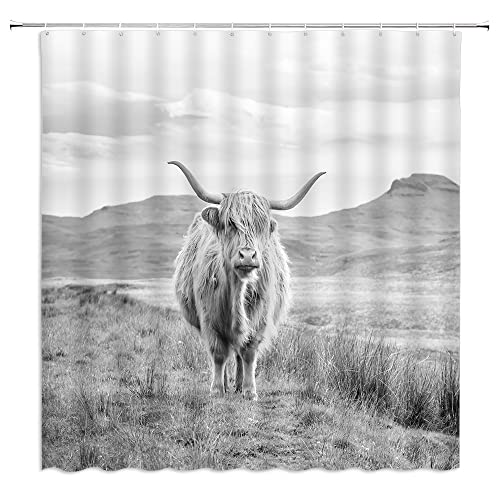 MSAYNFG Highland Cow Shower Curtain Rustic Farm Animal Bull Western Farmhouse Cattle Mountain Wildlife Country Gray Fabric Bathroom Decor Set with Hooks(70″ WX70 H)