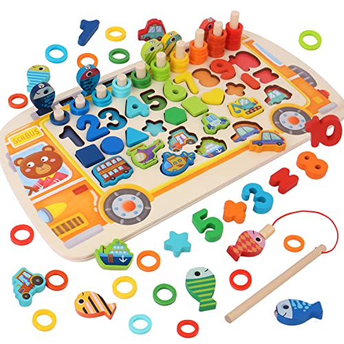Busy School Bus Learning Montessori Toys for Preschool Toddlers, Puzzles, Math Games, Numbers, Shapes Classifiers, Counting, Stacking and Fishing, Activity Gifts for Boys and Girls of 3 to 5 Years