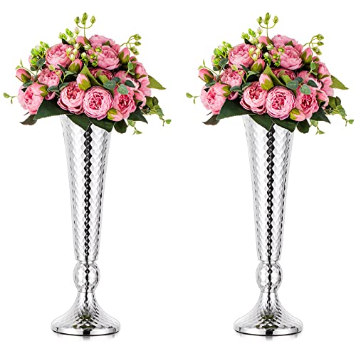 Nuptio Silver Wedding Centerpieces for Tables – 2 Pcs Trumpet Vase 44cm Tall Flower Stand Metal Tabletop Vases Versatile Flower Vase for Birthday Party Centerpiece Reception Aisle Home Decoration