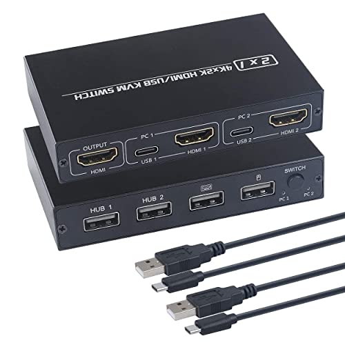 KVM Switch HDMI 2 Port Box USB and HDMI Switch for 2 Computers Share 4 USB 2.0 Devices and one HD Monitor Support 4K@30Hz for Laptop, Apple TV, PS3/PS4, Xbox, Sony Bluray Player