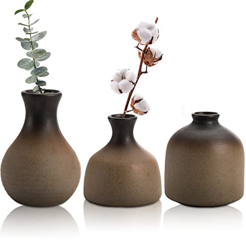 Dicunoy Set of 3 Small Bud Vase, Ceramic Rustic Vases for Single Flower, Farmhouses Floral Vase Bulk for Living Room, Home, Shelf, Table, Bookshelf, Entryway Modern Decor
