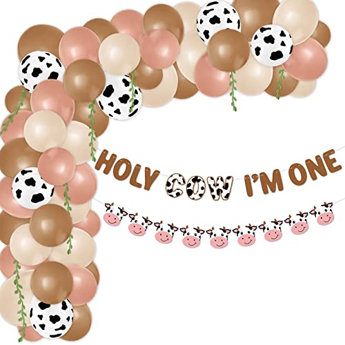 Cow Balloon Arch Kit Boho Birthday Decorations Brown Cream White Balloons Holy Cow I’m One Banners Cow Garland with Artificial Leaves 1st Barnyard Party Supplies Retro Style Neutral Baby Shower