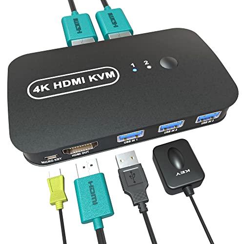KVM Switch HDMI 2 Port, DiamondTiger HDMI KVM Switch, Two Computers One Monitor Switch to Share One Mouse, Keyboard, Printer, USB Ports and HD Monitor, Support 4K@30Hz, 2 KVM Cables Included