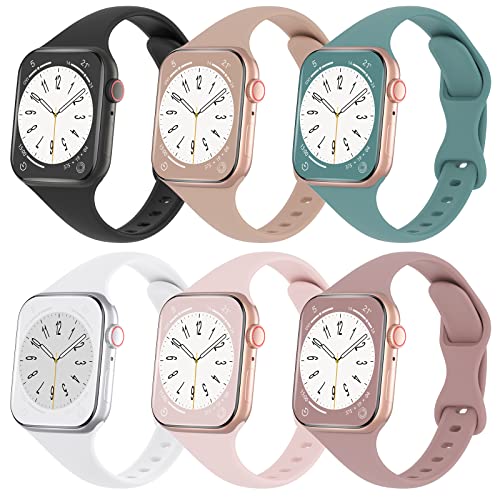 Slimband 6 Pack Slim Silicone Band Compatible for Apple Watch Band 49mm 38mm 40mm 41mm 42mm 44mm 45mm, Narrow Replacement Strap Thin Wristband for iWatch Ultra Series 8/SE/7/6/5/4/3/2/1 Women Men