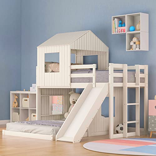 Harper & Bright Designs House Bunk Beds with Slide, Wood Twin Over Full Bunk Beds with Roof and Guard Rail for Kids, Toddlers, No Box Spring Needed (White, Twin Loft Bed with Slide)