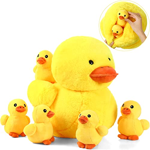 Kasyat 6 Pieces 13.7 Inches Plush Duck with 5 Little Plush Ducks Ducklings Stuffed Animals Playset Duck Stuffed Animals Stuffed Toy Duck Plush Duck Toy Plushies with Zipper Pouch Ducky Animal Dolls