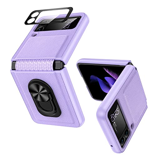 VEGO for Galaxy Z Flip 3 Ring Stand Case, Z Flip 3 All-Inclusive Cover Case with Hinge Protection and Glass Camera Lens Screen Protector for Samsung Galaxy Z Flip 3 5G (2021) – Purple