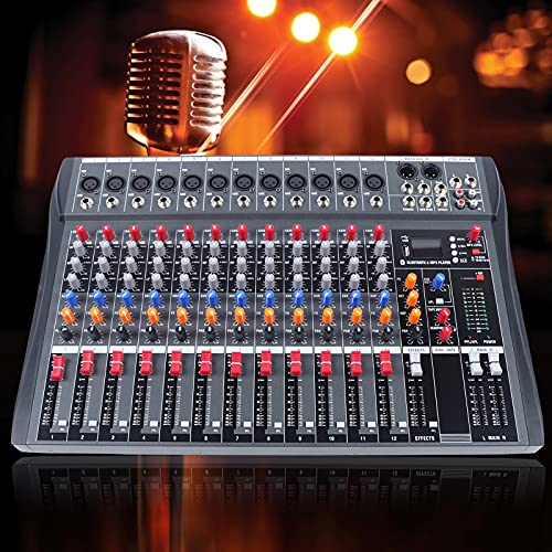 Professional Audio Mixer 12 Channel Bluetooth Audio Mixer DJ Mic Audio Mixer Control LED Digital Display Music Stream Low Noise 3 Band Channel Equalization 48V Phantom Power