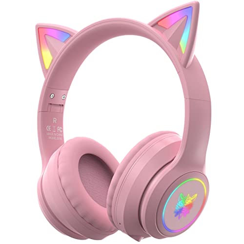 Bluetooth Kids Headphones with Microphone, Cat Ear LED Light Up and 85dB Volume Limiting Toddlers Study Headphones, Wireless Foldable HI-FI Sound Over-Ear School Headphones for iPhone/iPad/Laptop/PC