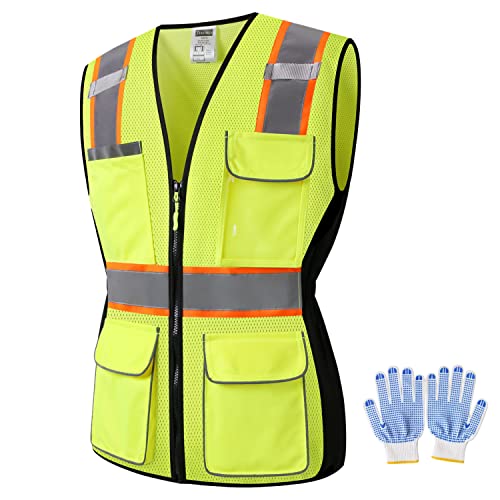 JKWEARSA Safety Vest For Women,High Visibility Reflective Vest With Multi Pockets And Zipper,Work Vest For Lady,Yellow-01,Small