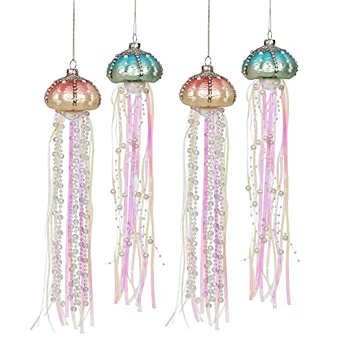 Firlar 4 PCS Glass Jellyfish Decorative Hanging Ornaments, 14.2Inch Beaded Jellyfish Glass and Ribbons Holiday Ornaments, Pearl Jellyfish Hanging Pendant Decoration Ornaments for Party Home Decor