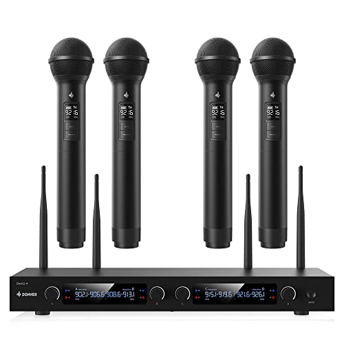 Donner Wireless Microphone System, UHF Wireless Microphone Set with 4 Handheld Dynamic Microphones, Adjustable Frequency, 328 ft Long Range, Perfect for Party/Wedding/Speech/Church/Stage/Karaoke/DJ