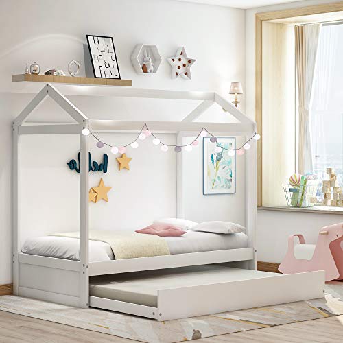 Merax Twin Size Wood House Bed with Roof and Trundle for Teens, Wooden Bed Frame Design，No Spring Box Needed