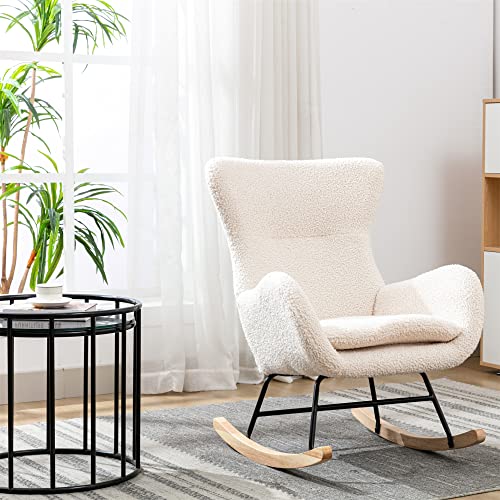 KINFFICT Small Rocking Accent Chair, Uplostered Glider Rocker Armchair for Baby Nursery, Comfy Side Chair for Living Room, Bedroom (Beige), 32D x 26W x 37H in