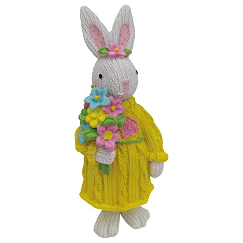 LEFOUND Easter Bunny Figurine Collectible – Spring Home Decor Rabbit Statues Holding Flowers for Garden – Animal Ornament for Christmas Decorations, Yellow, 6.10″ H
