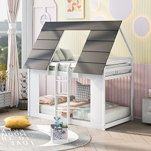 Harper & Bright Designs Twin Over Twin House Bunk Bed with Roof and Built-in Ladder, Wood Low Bunk Bed for Kids Girls Boys – White