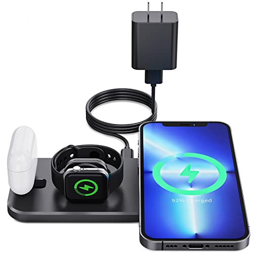 PUDOEN Wireless Charger, Foldable 3 in 1 Charging Station for Apple Multiple Devices, 18W Fast Charging Stand Compatible with Apple iWatch Series 7/6/SE/5/4/3/2/1, for iPhone AirPods Pro 3/2/1-Black