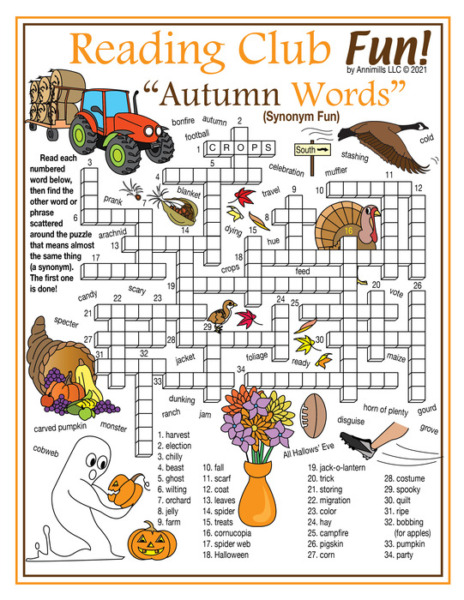 Fall / Autumn Vocabulary (Synonyms) Crossword Puzzle & Word Search Puzzle