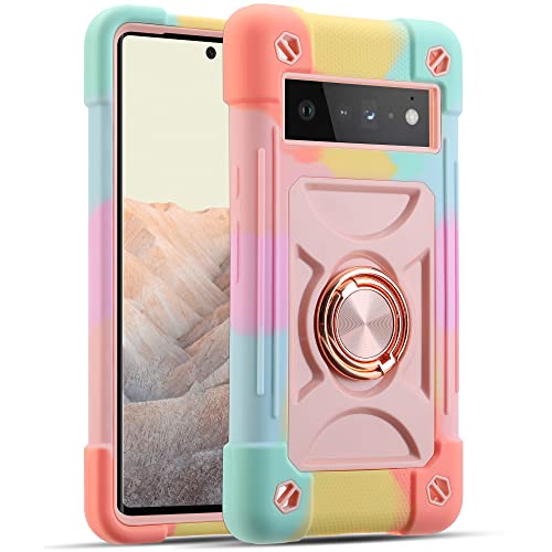 JIFVIK Compatible with Google Pixel 6 Pro Case (2021), Full Body Armor Cover with Ring Kickstand, Heavy Duty Protection Soft Silicone Hard Plastic Dual Layer Case (Colorful-Pink)