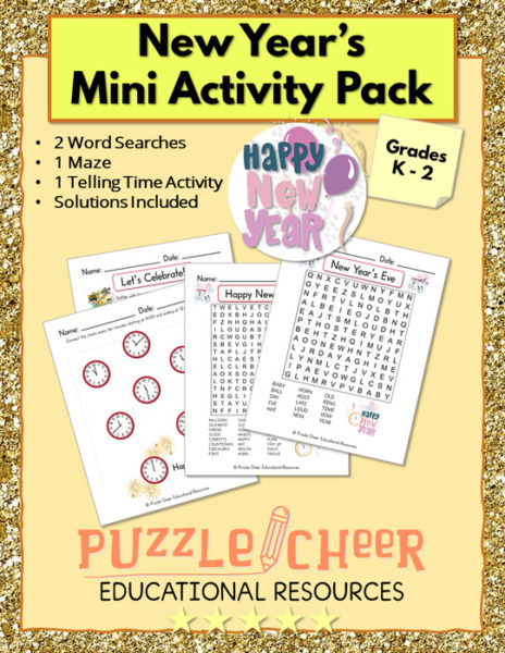 New Year’s Eve Mini Activity Pack | Word Searches, Maze and Clock Activity for K – 2