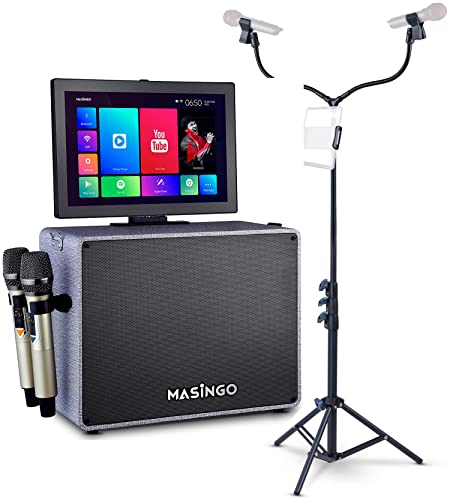 Masingo Bundle with Alto X6 Karaoke Machine (Bluetooth/USB/AUX 2 Wireless Mics with WiFi, Built-in 15-inch Tablet – Gray) + Adjustable Double Microphone Stand (Smart Device Holder – Tripod – Black)