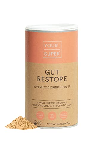 Your Super Gut Restore – Tropical Probiotic Drink Mix – Contains Mango and Superfruits with Digestive Enzymes for a Healthy Gut – Organic, Plant Based, Vegan, Gluten Free, Non GMO – 150g, 30 Servings