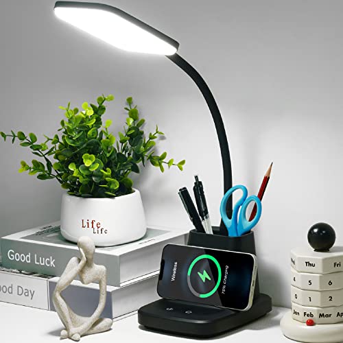 Sailstar LED Desk Lamp with Wireless Charger, Black Desks Lamp for Home Office, 3 Color Modes, Stepless Dimming, CRI 85, 800 Lumen, Study Lamp with Pen Holder for College Dorm Room, Adapter Included