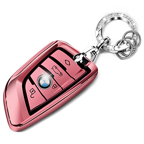 BOTOER for BMW Key Fob Cover with Keychain Compatible with BMW 2 5 6 7 Series X1 X2 X3 X5 X6 Smart Key,Soft 360-Degree All-Inclusive Key Cover,Pink