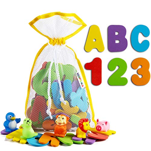 Toddlers ABC Bath Toys – Premium Eva Foam Floating Alphabet and Numbers with 5 Animal Characters – 6 Vibrant Colors of Caps and Lowercase Letters – Colorful Water Learning Playtoys for Kids | 77 Pack