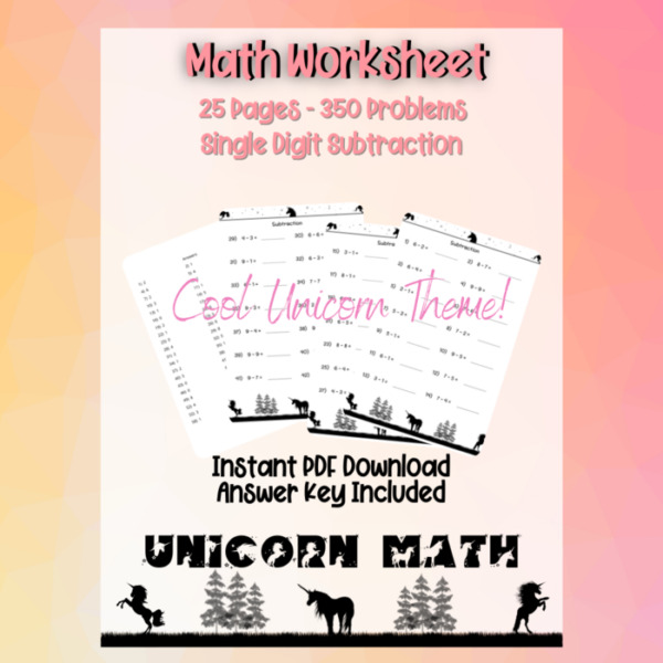 Math Worksheet – Single Digit Subtraction Unicorn Theme 25 pages
