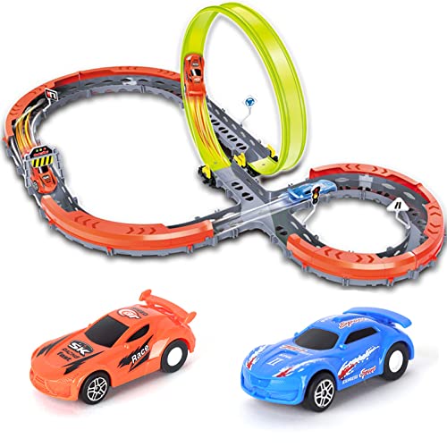 Race Car Track Set , Assembled Car Track Toys with 27 Pcs Building Kits, 2 High Speed Race Cars, 360° Loop X-Type Crossing Track for Kids 3+ Ages Birthday (A Race Car Set)