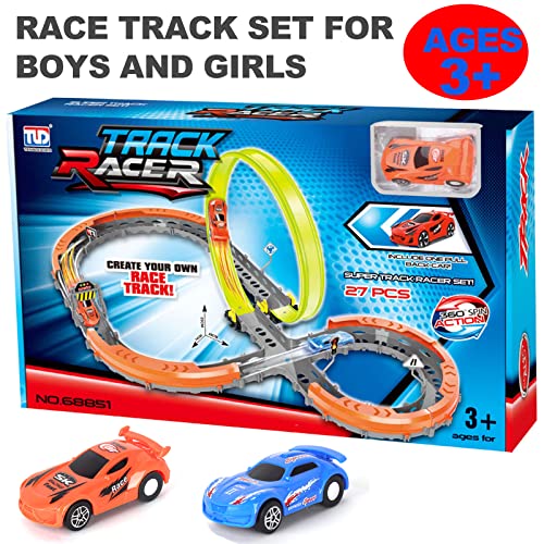 Race Car Track Set , Assembled Car Track Toys with 27 Pcs Building Kits, 2 High Speed Race Cars, 360° Loop X-Type Crossing Track for Kids 3+ Ages Birthday (A Race Car Set) | The Storepaperoomates Retail Market - Fast Affordable Shopping