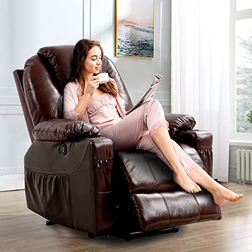 EASELAND Genuine Leather Lift Chair Recliners for Elderly and Pregnant Woman with Massage and Heating, OKIN Motor Power Lift Recliner with Lift Assist, 2 USB, 2 Cup Holder, 4 Side Pocket (Brown)