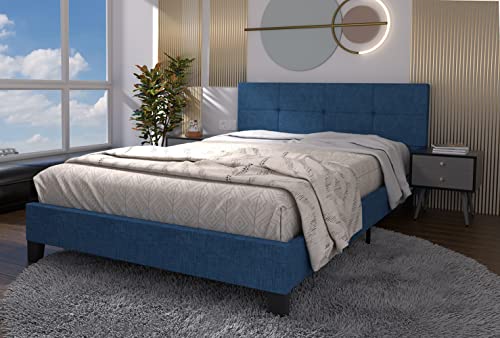 kevinplus Full Size Bed Frame, Modern Upholstered Platform with Headboard, Heavy Duty Bed Frame with Wood Slat Support, No Box Spring Needed, Easy Assembly Navy Blue