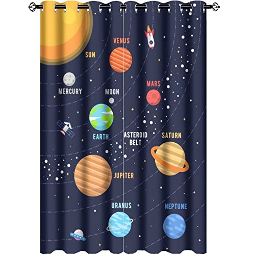 STTYE Universe Blackout Curtains for Living Room Home Party Decor,Card Solar System Planet Rocket Spacecraft Print1 Grommet Windows Curtain Darkening Drapes Kids Girls Boys Bedroom42x63in